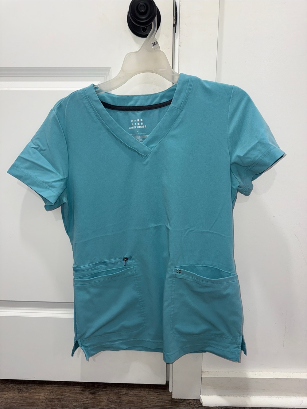 White Cross Teal V-Neck Short Sleeve Scrub Set